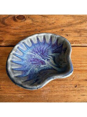 Pottery Spoon Rest Drip Glaze Blue Green Sea Shell Shape